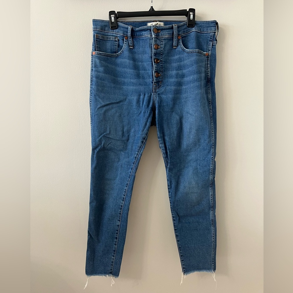 Madewell 10" High Rise Skinny Jeans Button Fly Raw Hem Blue Denim Size 32P